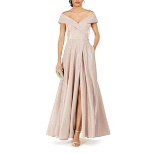 XSCAPE  - Off-The-Shoulder Metallic Shimmer Gown